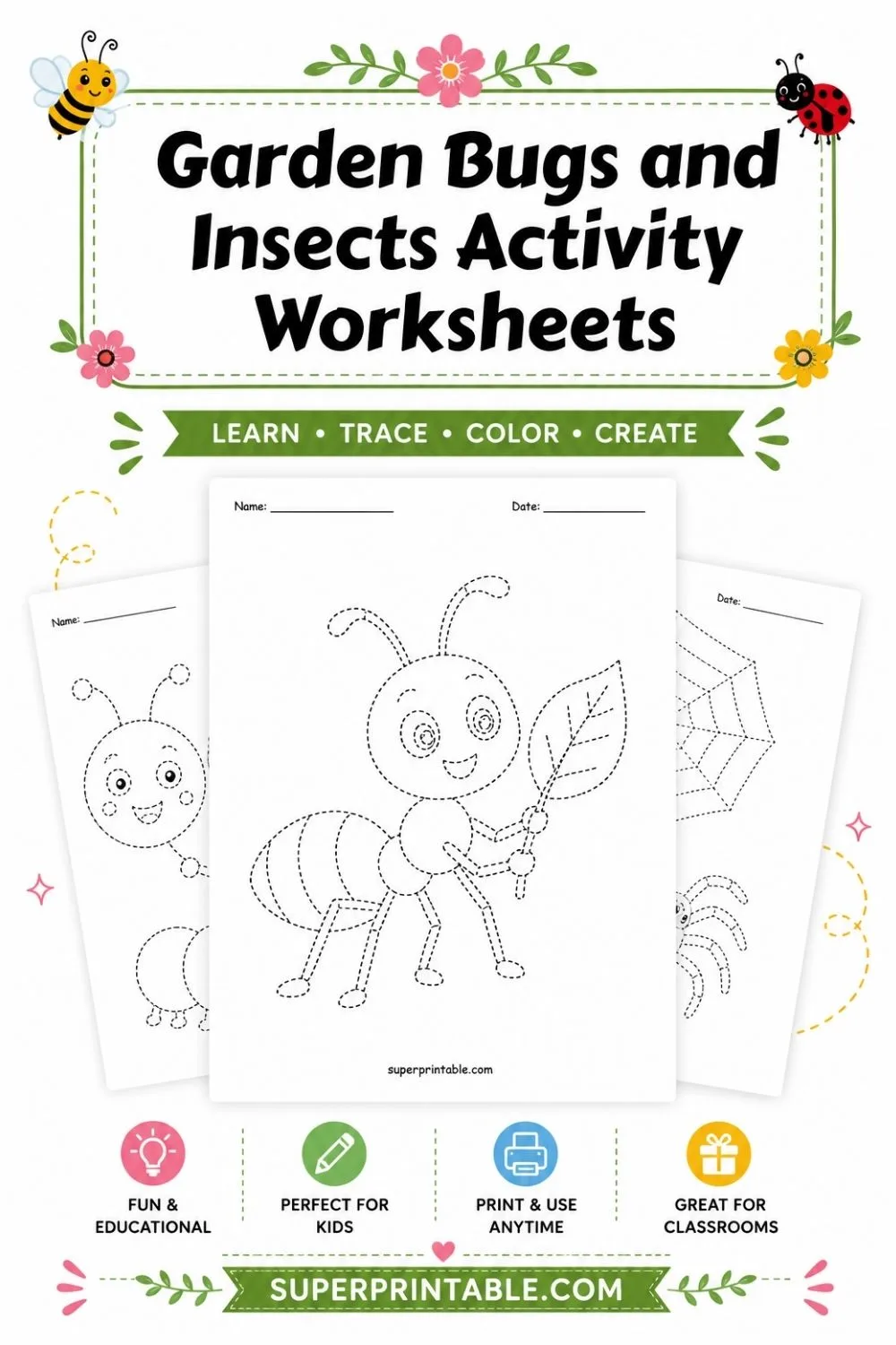 Garden Bugs and Insects Activity Worksheets Pinterest Image