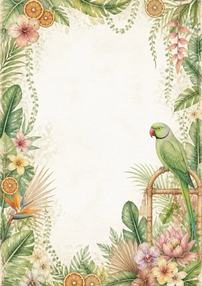 Tropical garden writing page with parrot, flowers, leaves, and decorative botanical border.