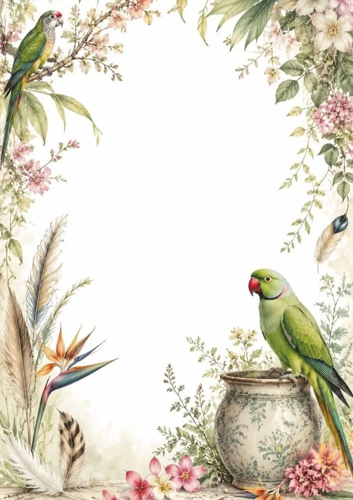 Floral stationery page with parrots, blossoms, feathers, and decorative garden elements.