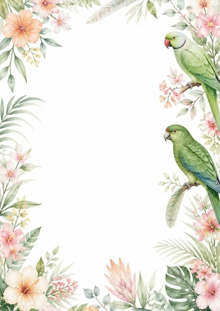 Pastel tropical writing paper with parrots, flowers, bamboo, and botanical border details.