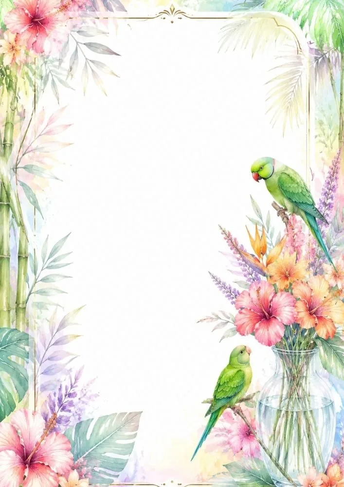 Tropical writing page with three parrots, hibiscus flowers, jungle leaves, and blank center space.