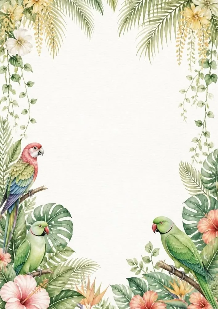 Tropical stationery page with parrot, bird-of-paradise flowers, hibiscus blooms, and leafy border.