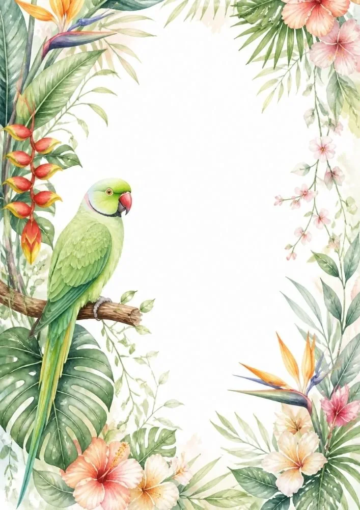 Botanical border page with parrots, flowers, tropical leaves, and spacious writing area.