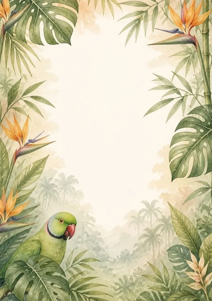 Rainforest writing page with tropical leaves, bird-of-paradise flowers, and a colorful parrot border.