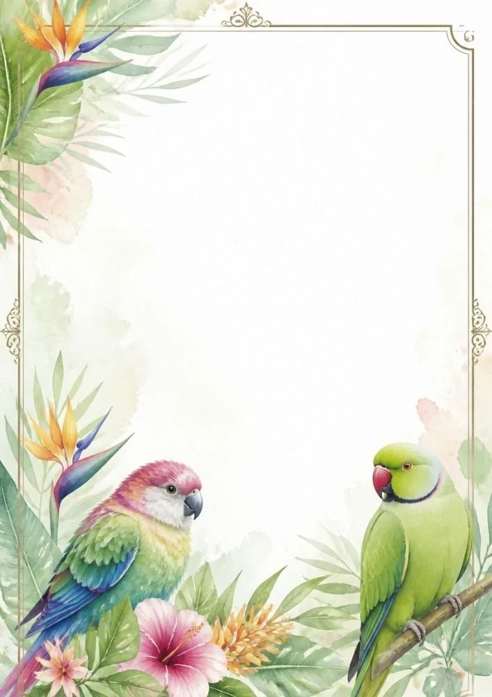 Decorative stationery page with tropical flowers, parrots, and a spacious blank center.