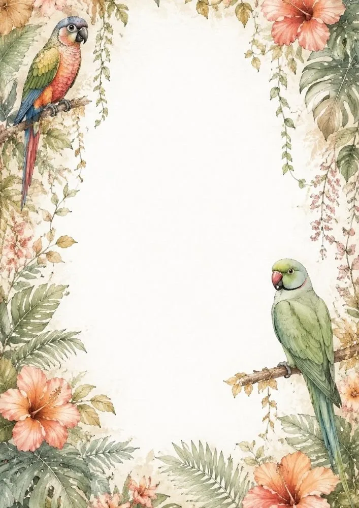 Vintage-style tropical border page with parrots, vines, flowers, and blank center space.