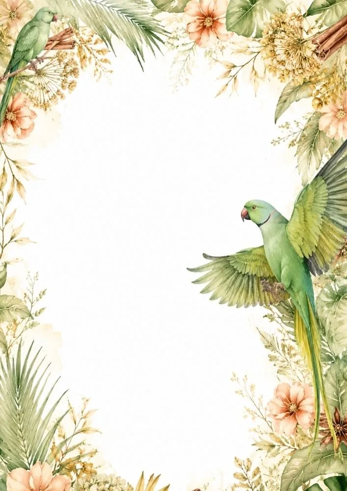 Botanical writing page with a flying green parrot, tropical flowers, and decorative foliage border.