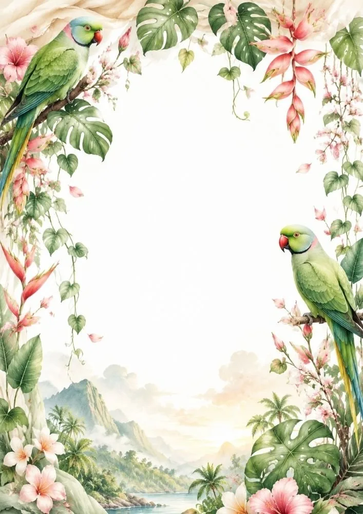 Tropical island stationery page with parrots, flowers, palm trees, and scenic background artwork.