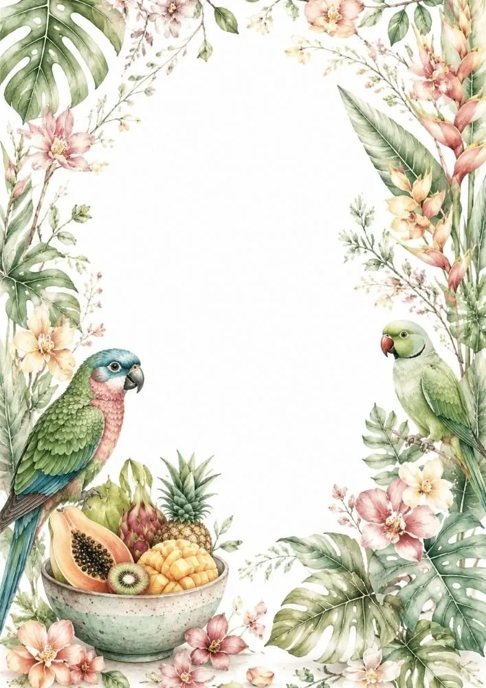 Writing page with parrots, tropical fruit bowl, flowers, and botanical border decorations.