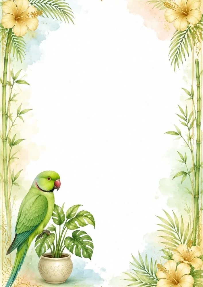 Bamboo-themed writing paper with tropical flowers, greenery, and a parrot border.