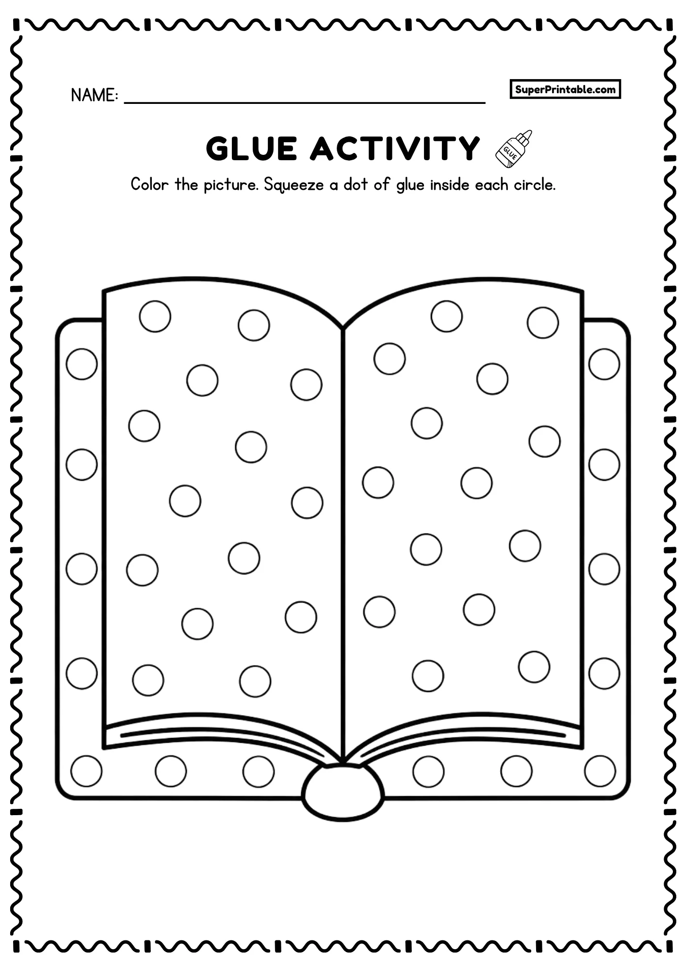 Open book do a dot glue worksheet printable school supplies activity
