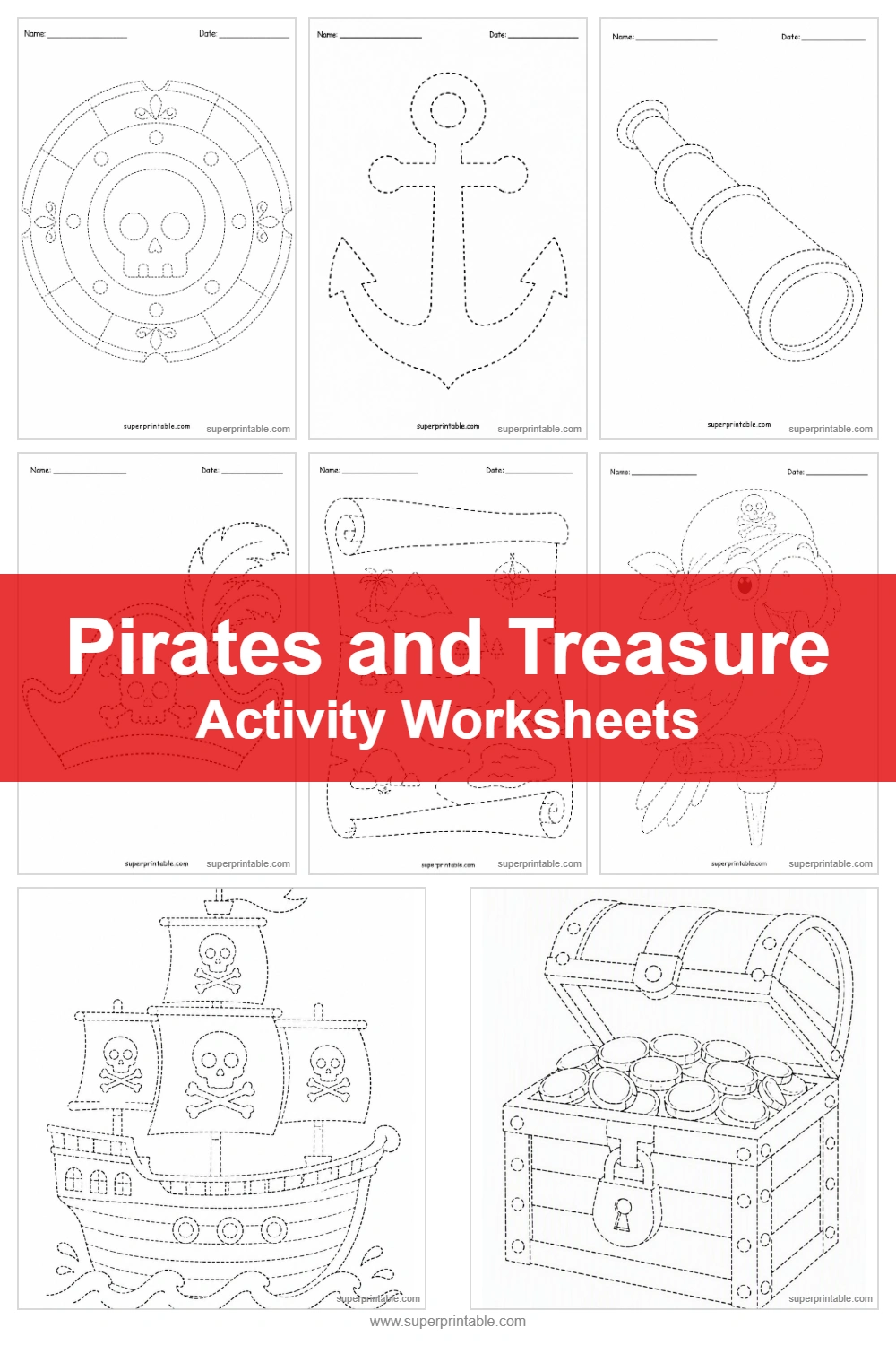Pirates and Treasure Activity Worksheets Pinterest Image