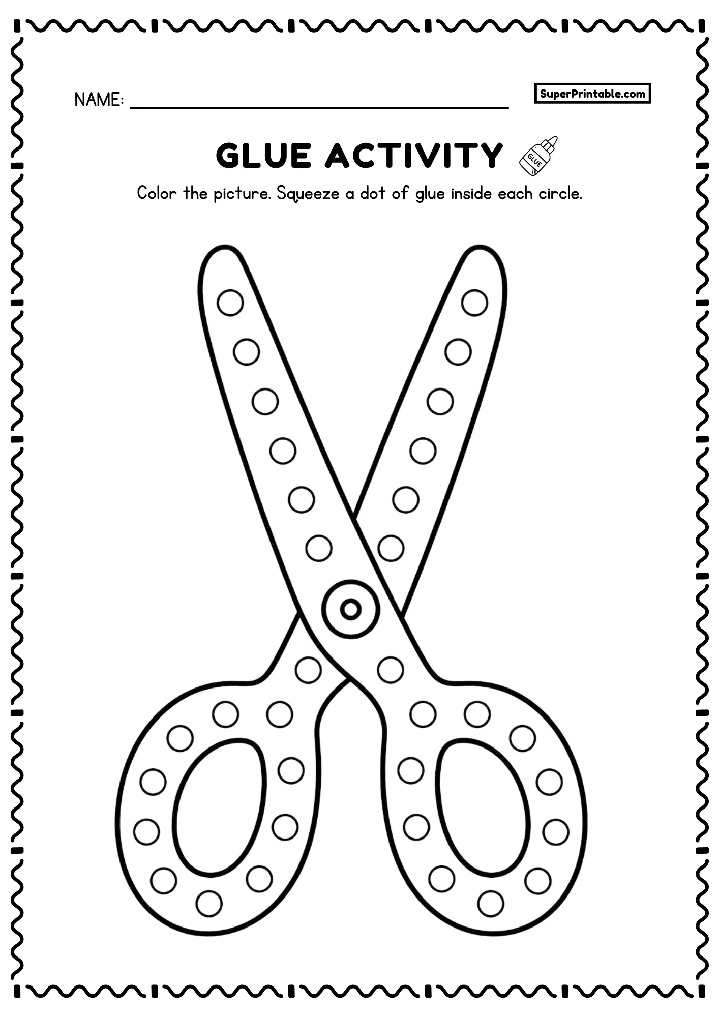 Scissors do a dot glue worksheet printable school supplies activity for preschool and kindergarten