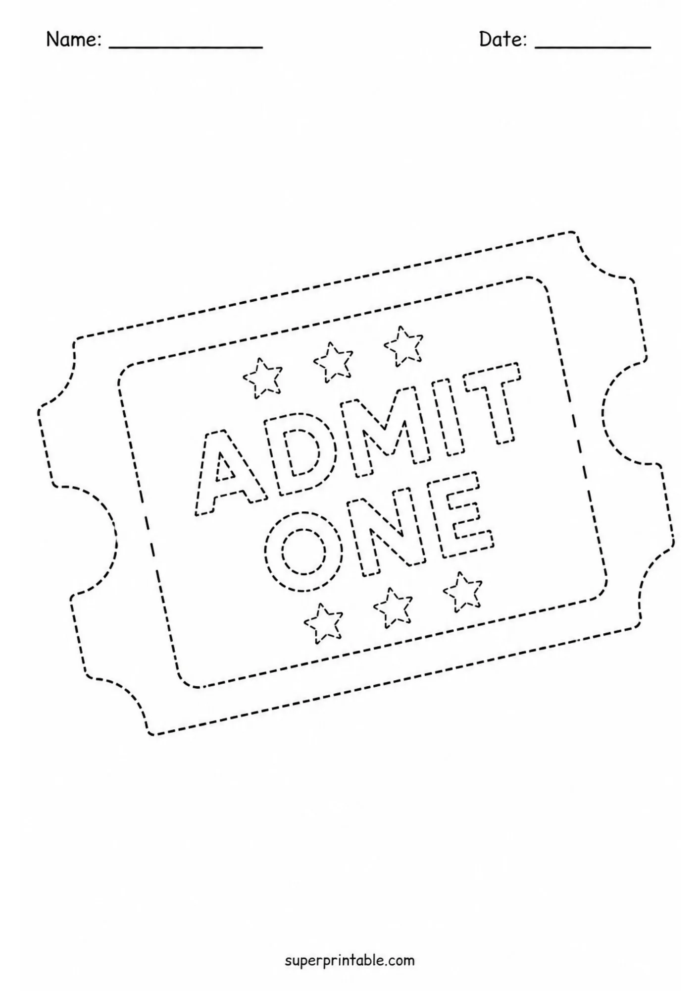 Carnival admit one ticket line tracing worksheet to help kids trace letters and geometric star shapes.