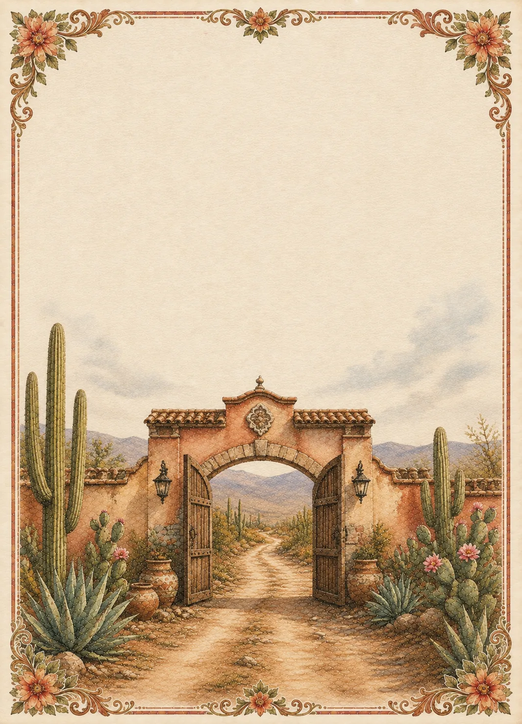 Open wooden gate archway revealing a desert trail lined with tall cacti and blooming flora.