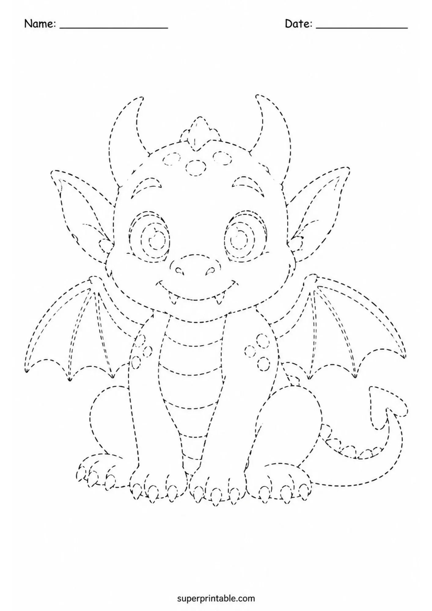 Detailed tracing page of an adorable seated baby dragon monster with wings and small horns for preschoolers.