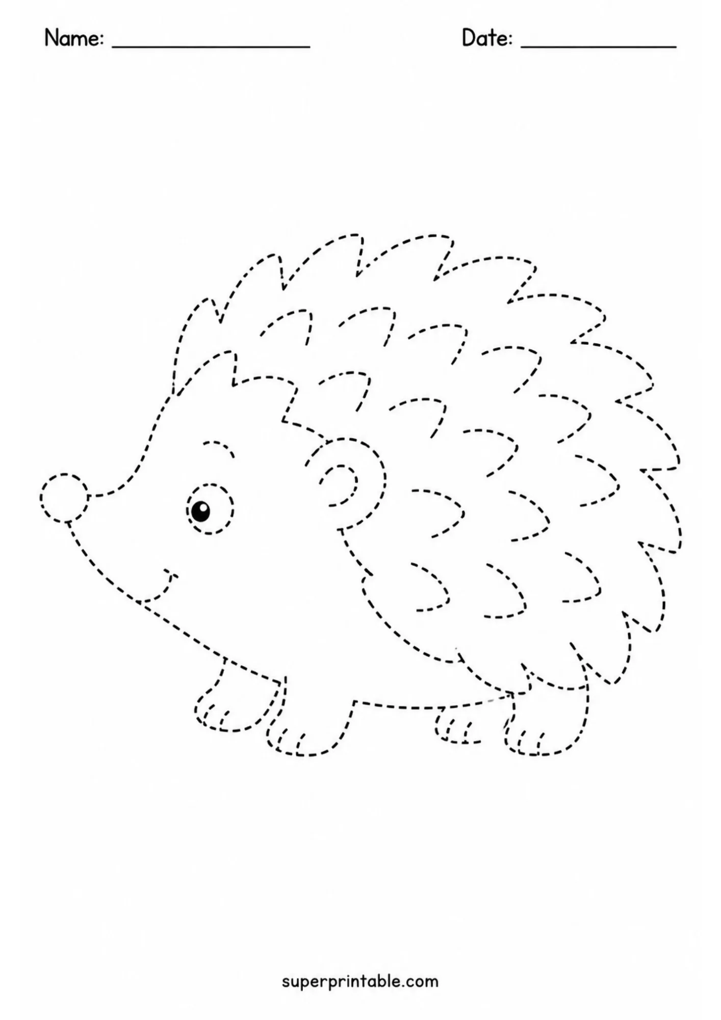 Adorable hedgehog with spiky quills dashed line outline worksheet for preschool practice.