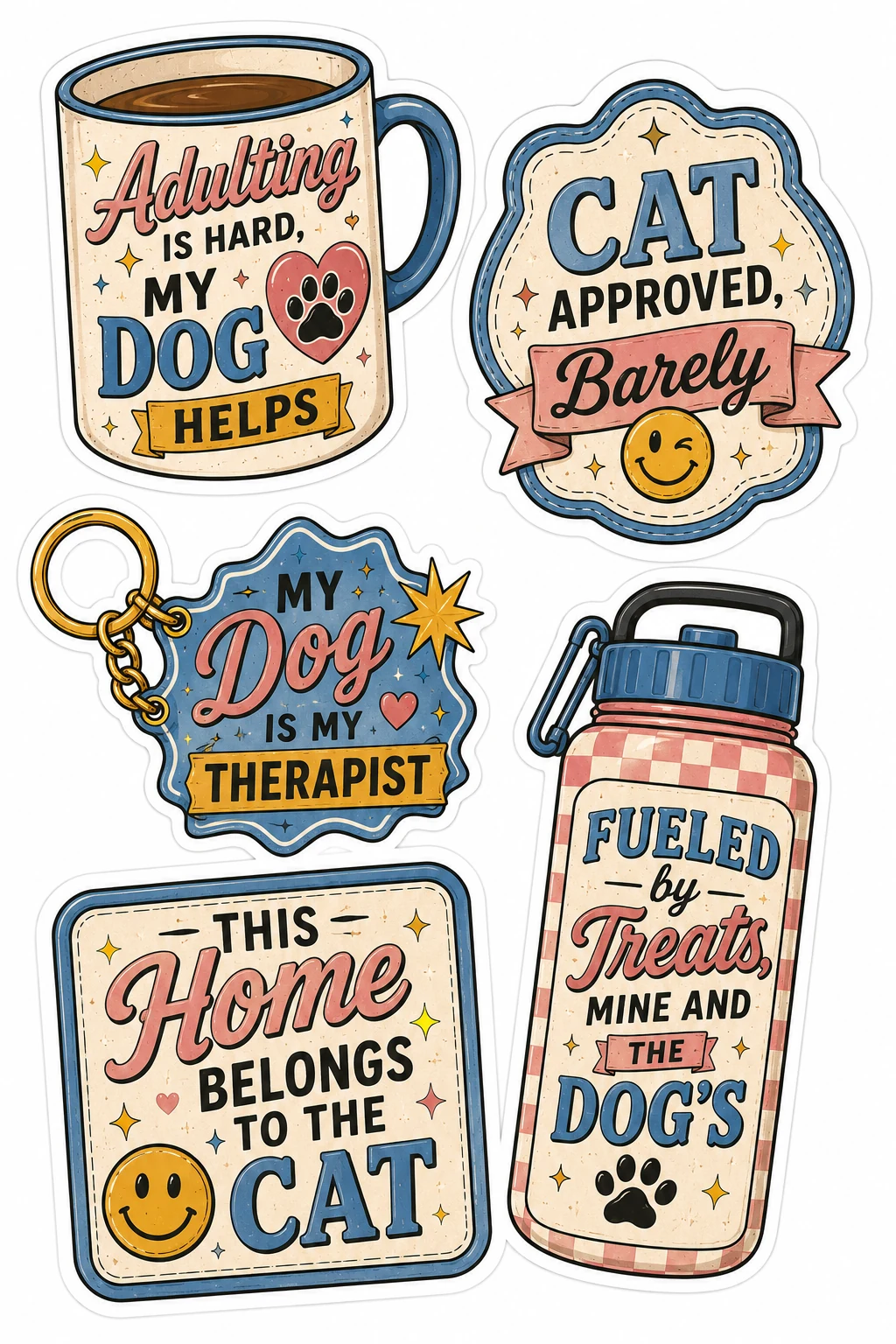 Adulting Hard Dog Helps Cat Approved Mug Sheet featuring funny cat & dog parent life, pet owner humor, daily pet life quotes, and accessories.