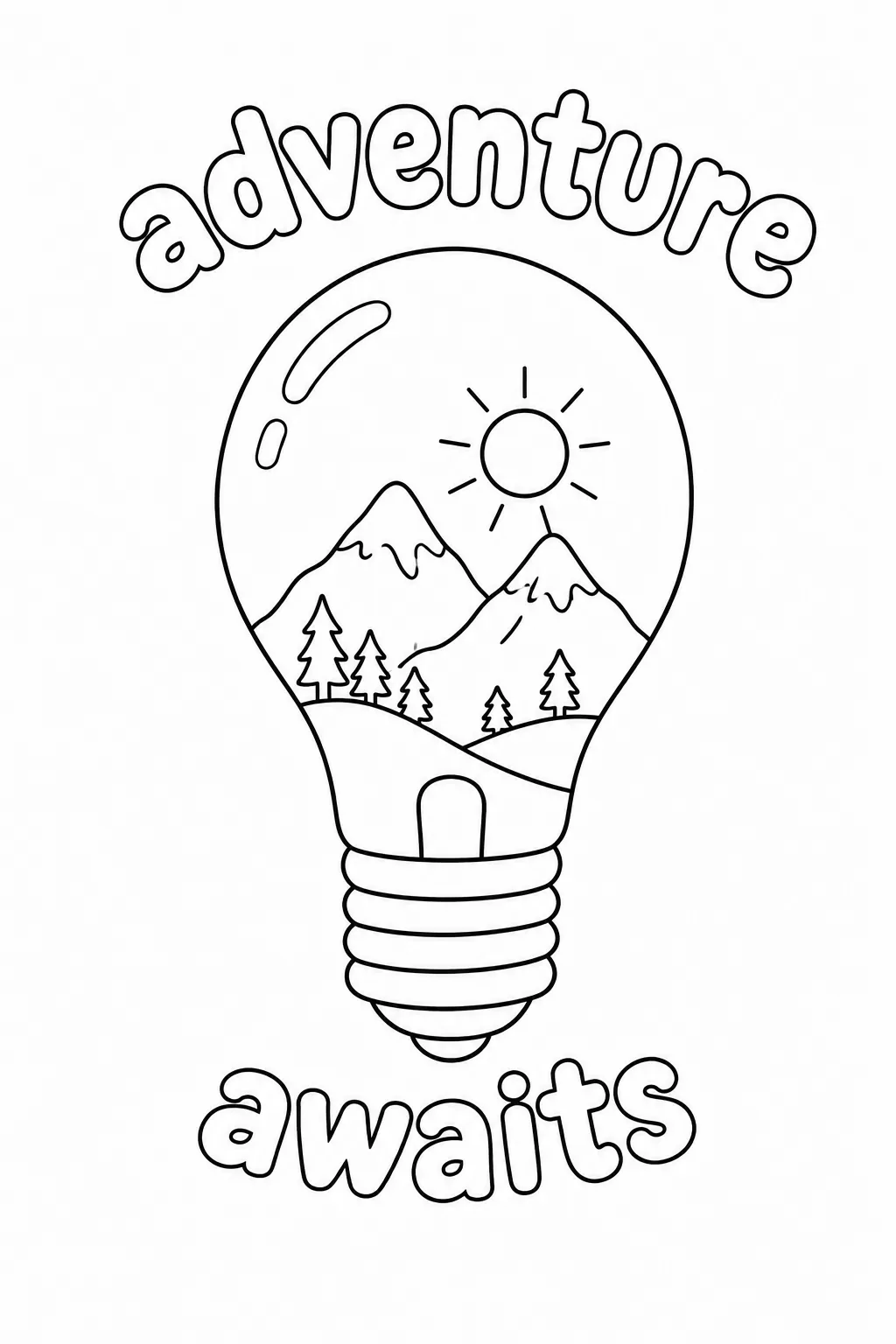 Mountain landscape inside a light bulb framed by Adventure Awaits lettering top and bottom.