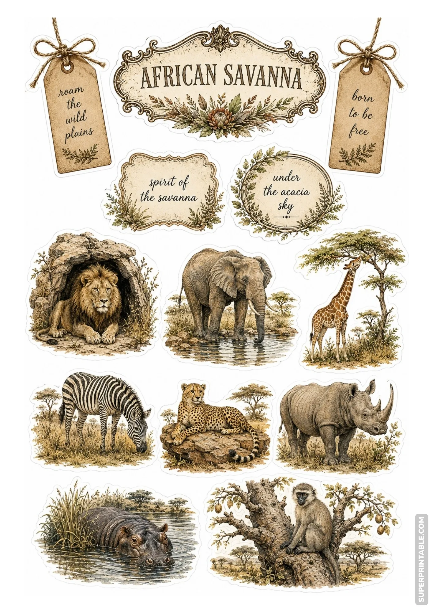 Detailed vintage safari animal stickers displaying African savanna wildlife like lions and elephants.