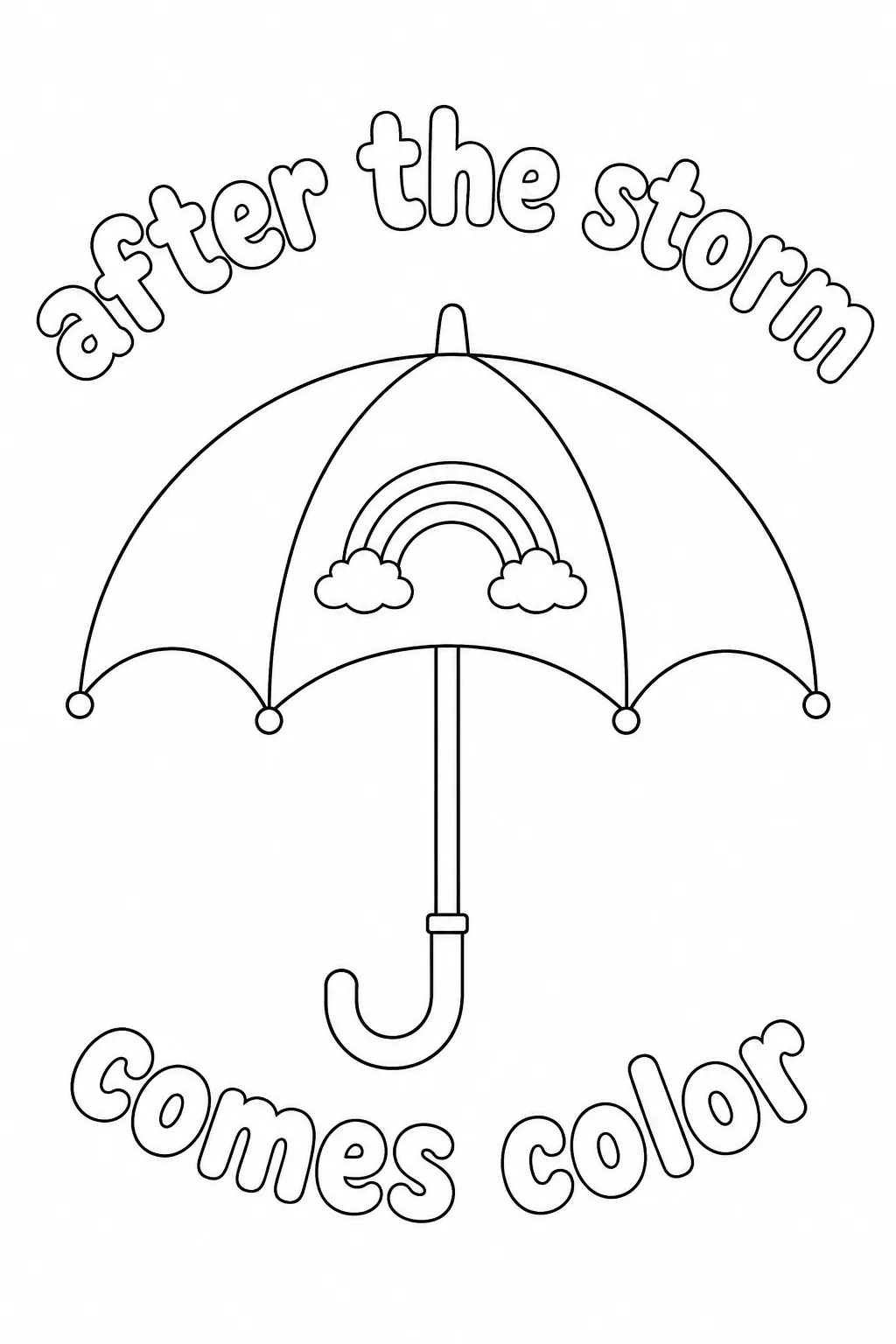 Open umbrella displaying a rainbow and clouds with uplifting text.