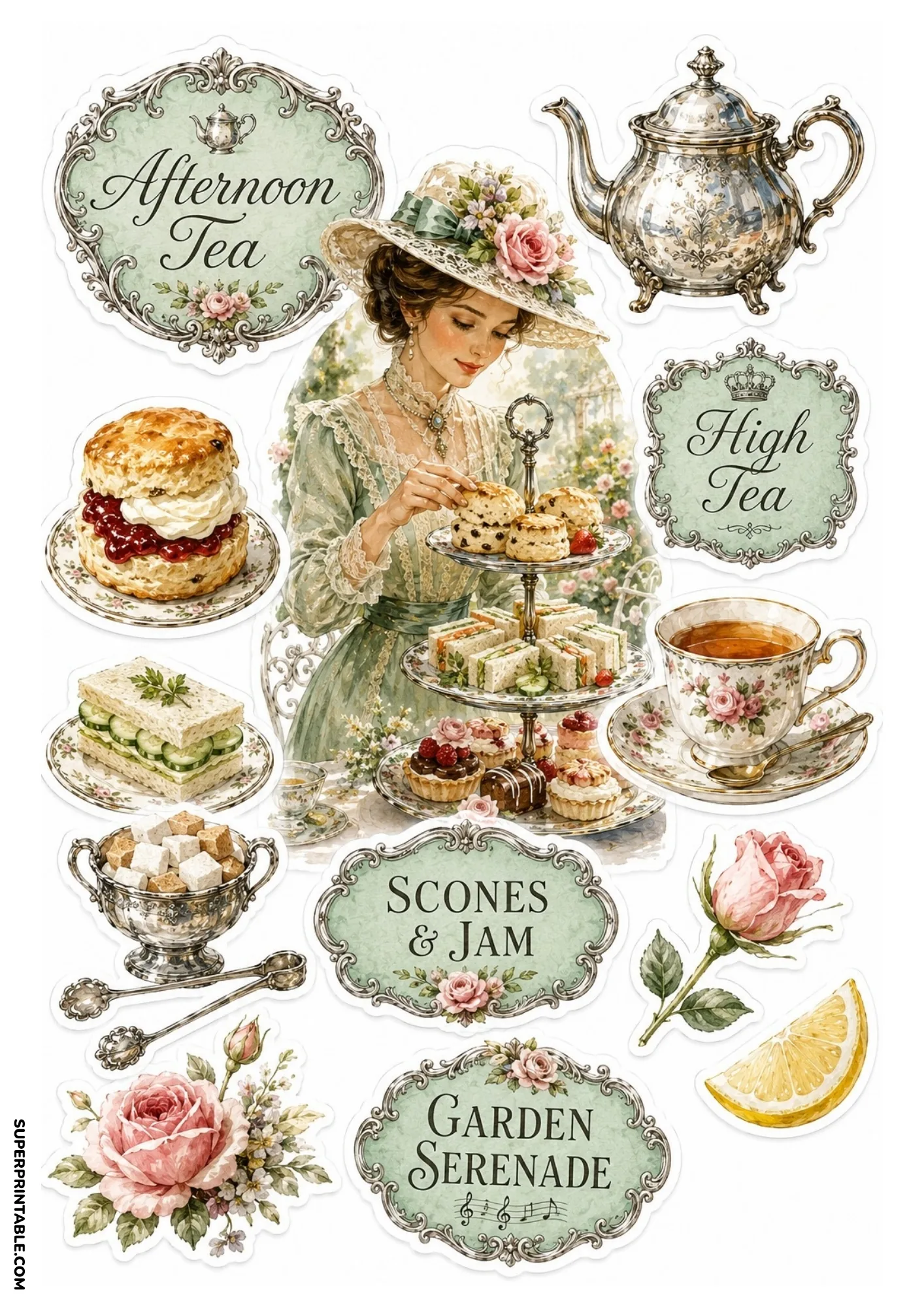 Victorian afternoon tea sticker sheet with a woman arranging scones on a tiered stand, silver teapot, sandwiches, and vintage labels.