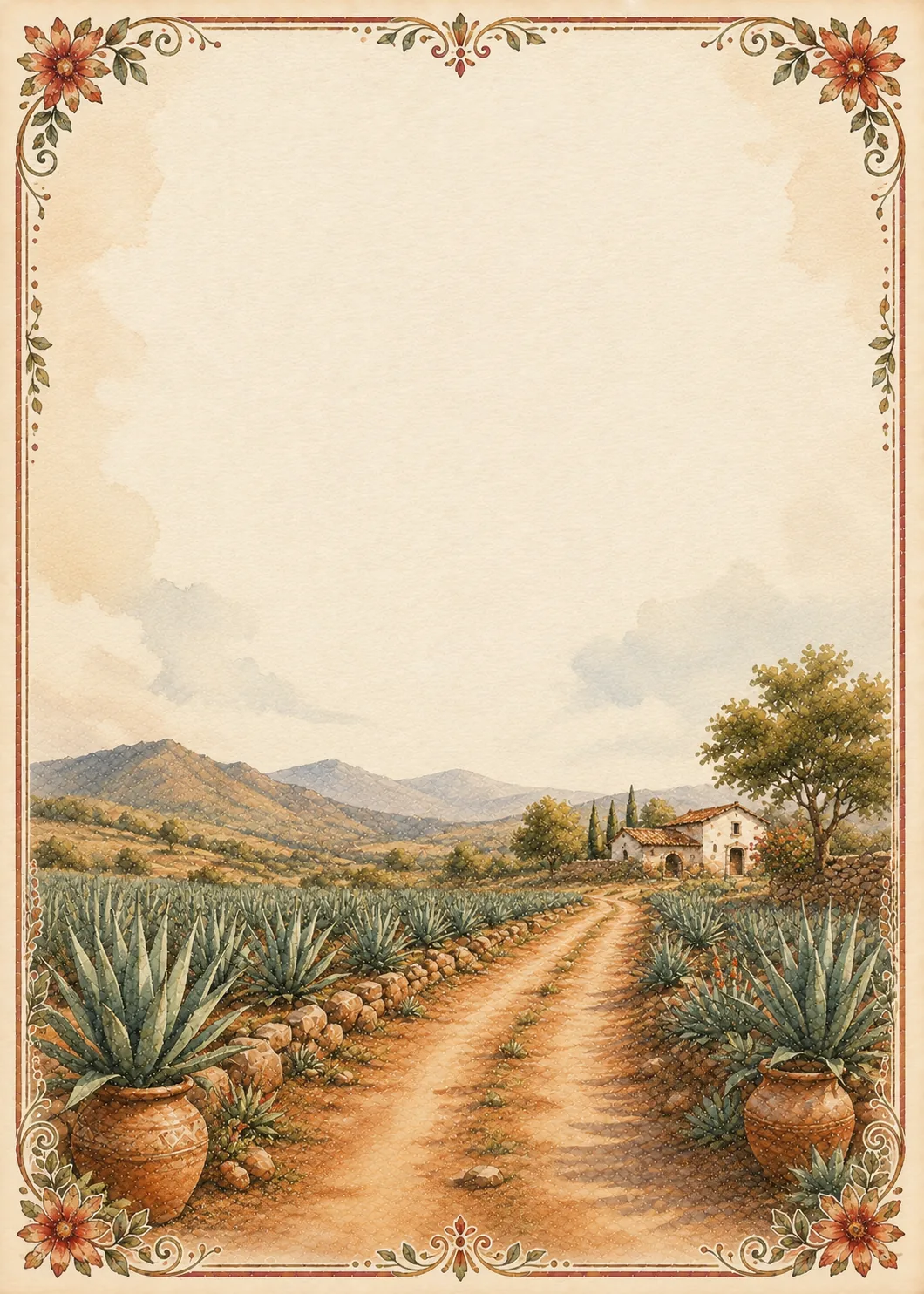 Agave field dirt road leading to a distant hacienda villa surrounded by rolling green hills.