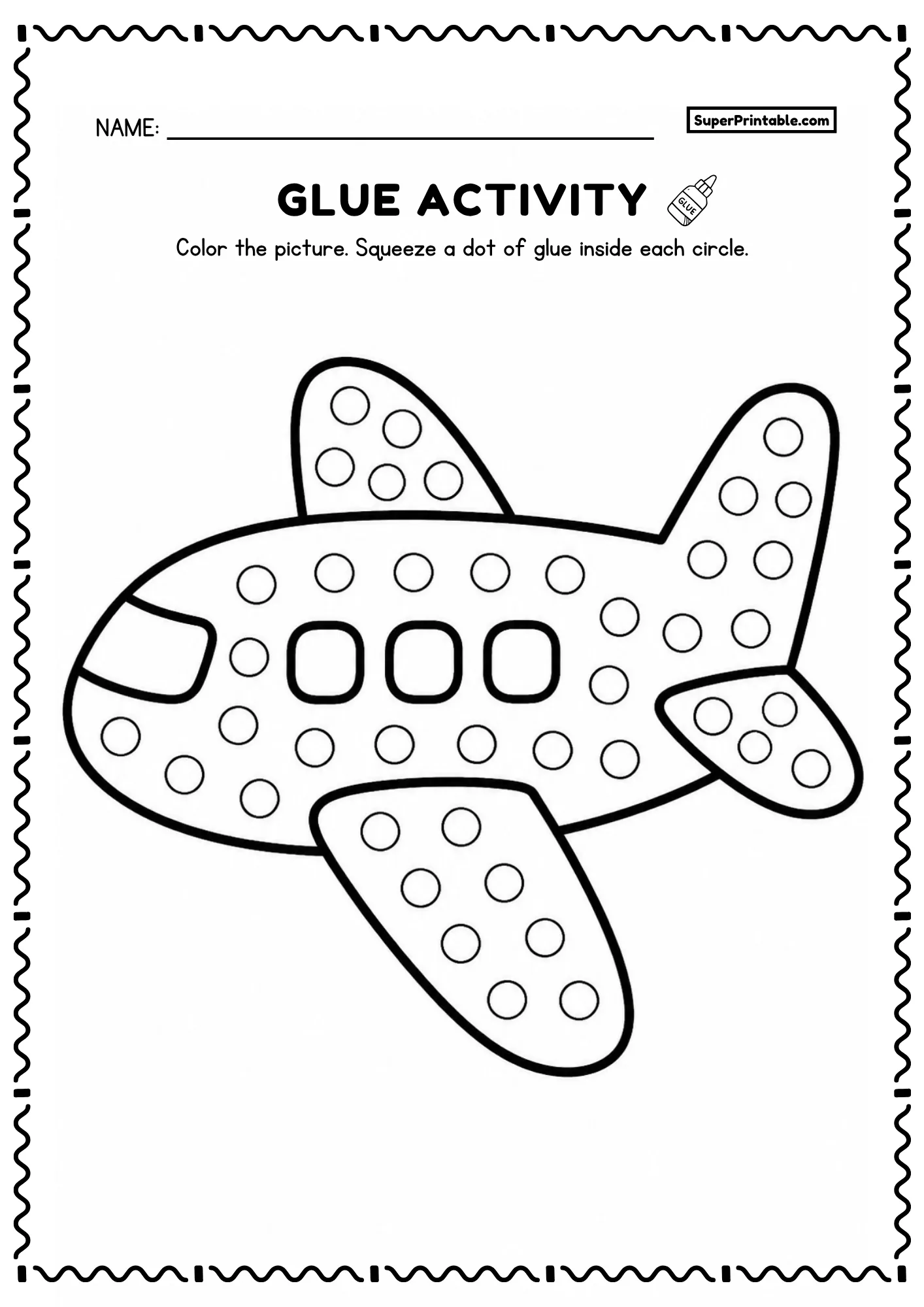 Airplane glue activity coloring worksheet with dot circles on the wings and body