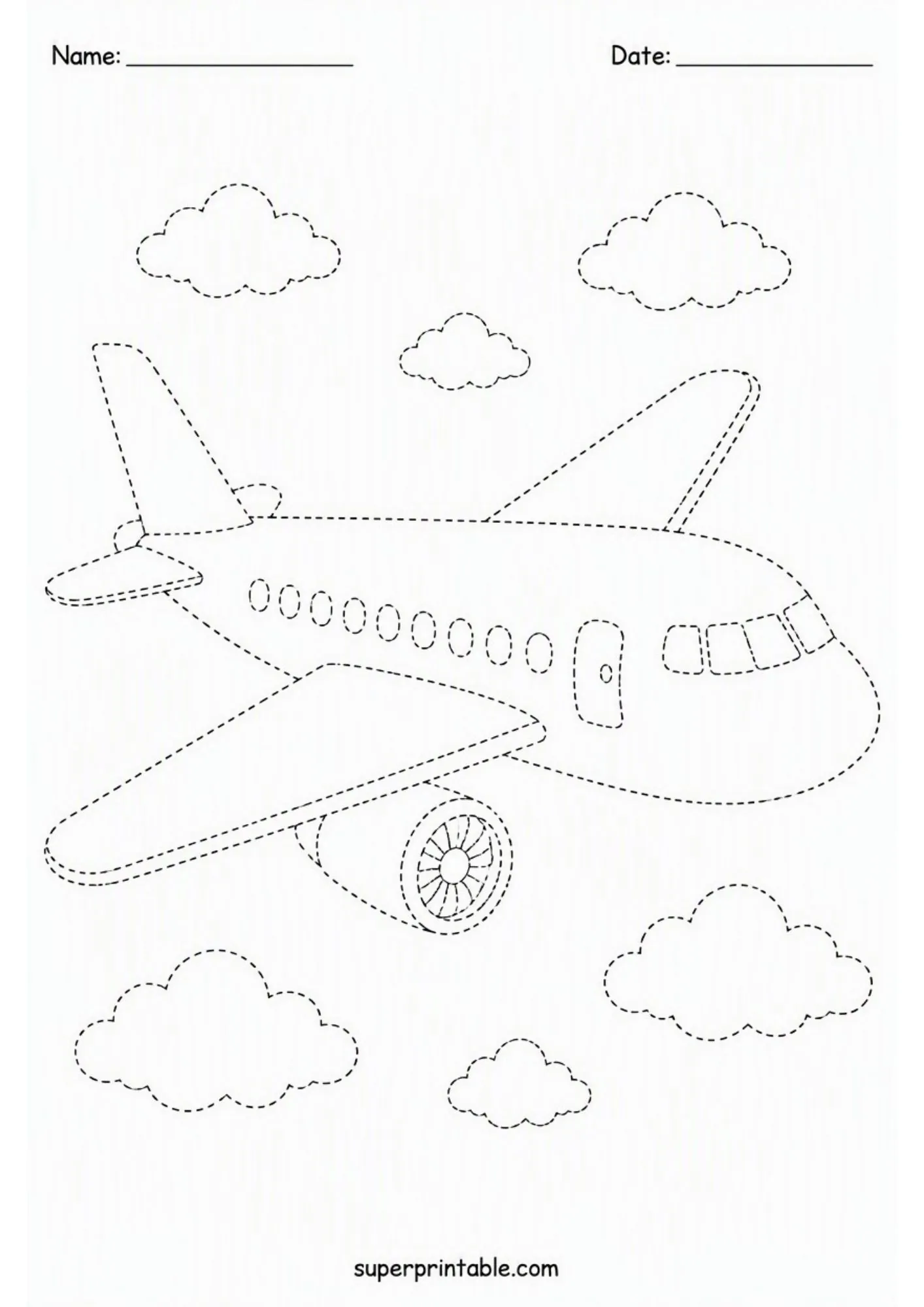 Dashed tracing worksheet of a commercial airplane flying among clouds for airport and flying activity worksheets.
