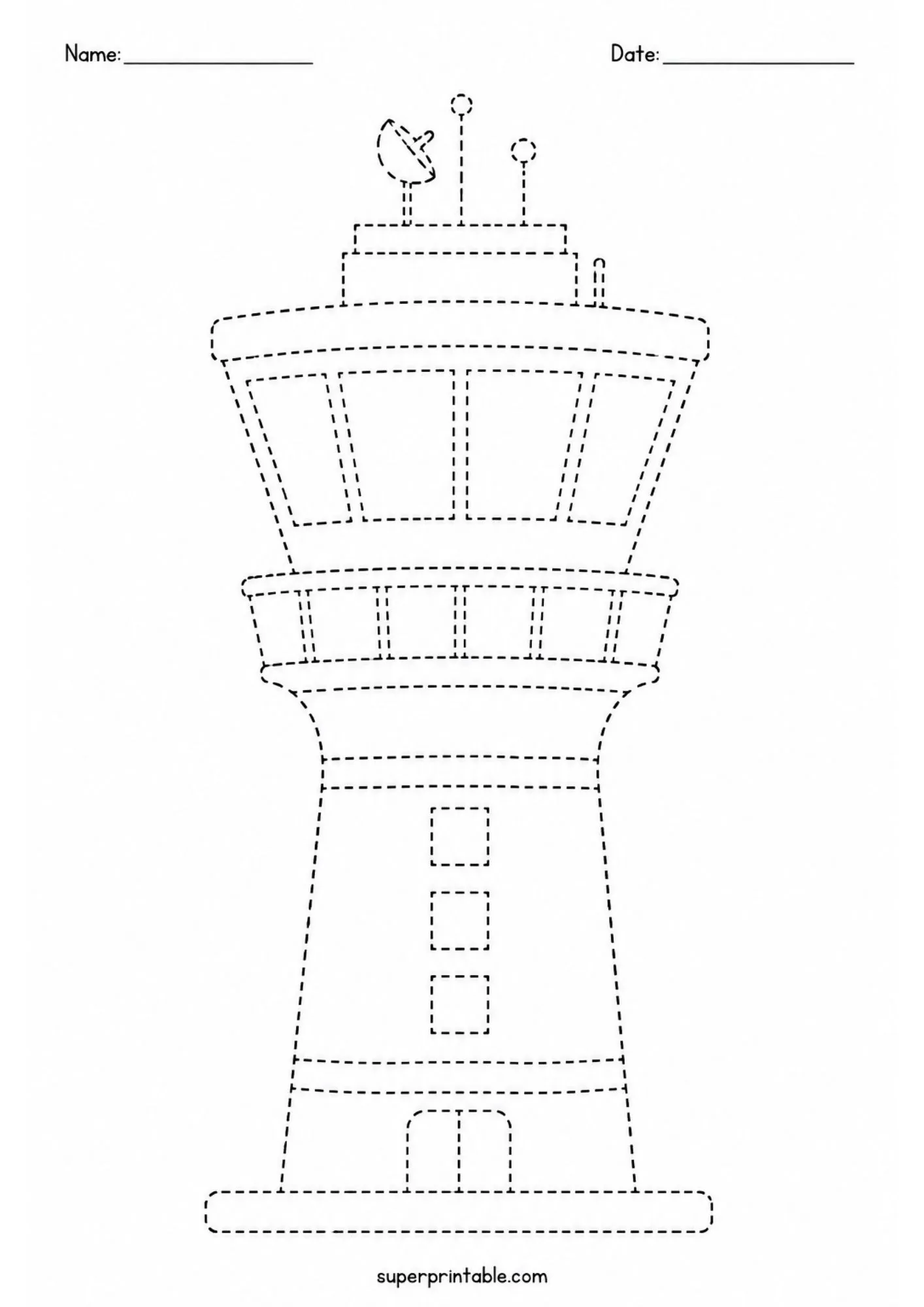 Dashed outline of an airport control tower with antenna for tracing practice.