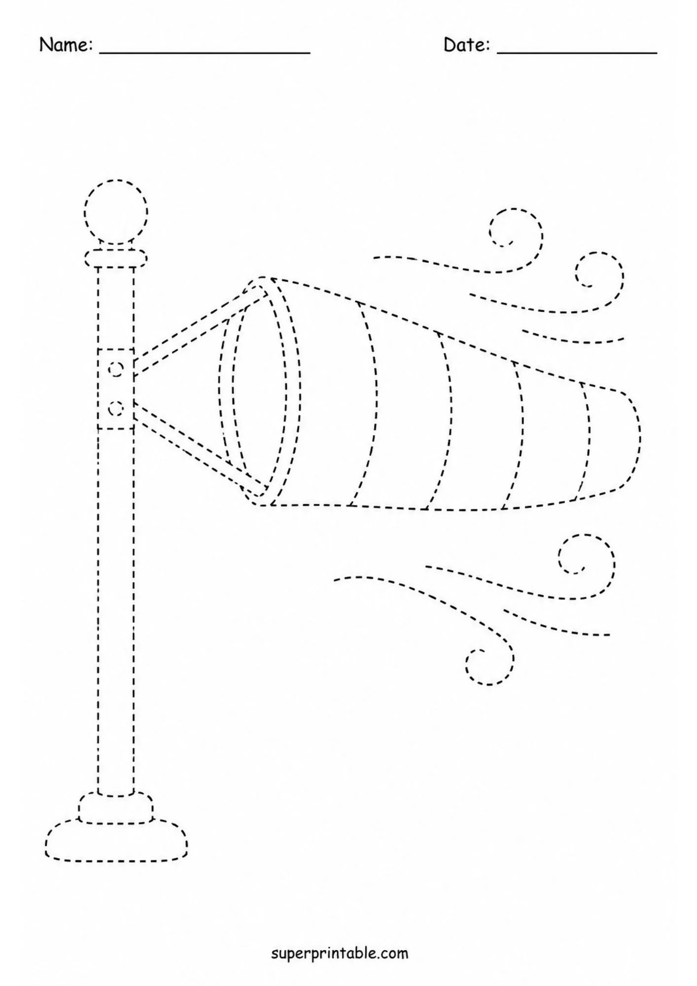 Airport windsock on a pole with wind swirls drawn in dashed lines for tracing in airport and flying activity worksheets.