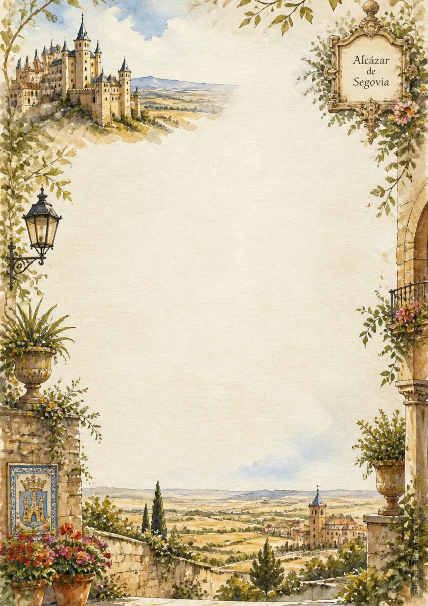 Alcazar de Segovia castle watercolor border paper with Spanish tile plaque and terracotta flower pots