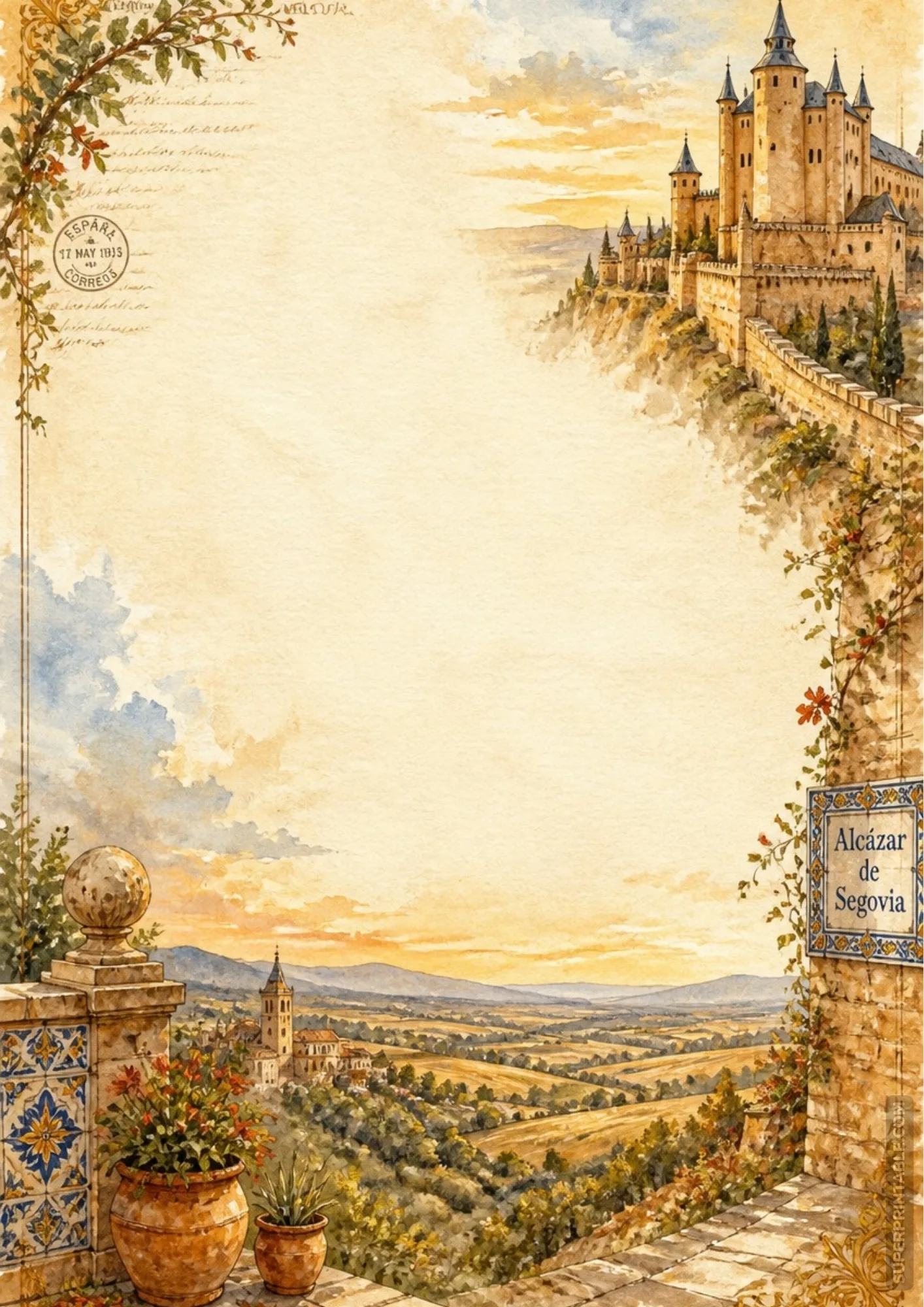 Alcazar de Segovia Spain castle watercolor stationery page with golden sunset plain views and tiles