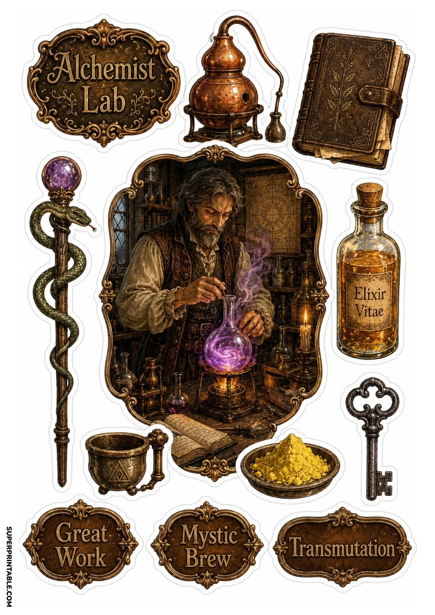 Alchemist lab scene surrounded by potion bottles, leather book, serpent staff, and celestial and mystic sticker elements.