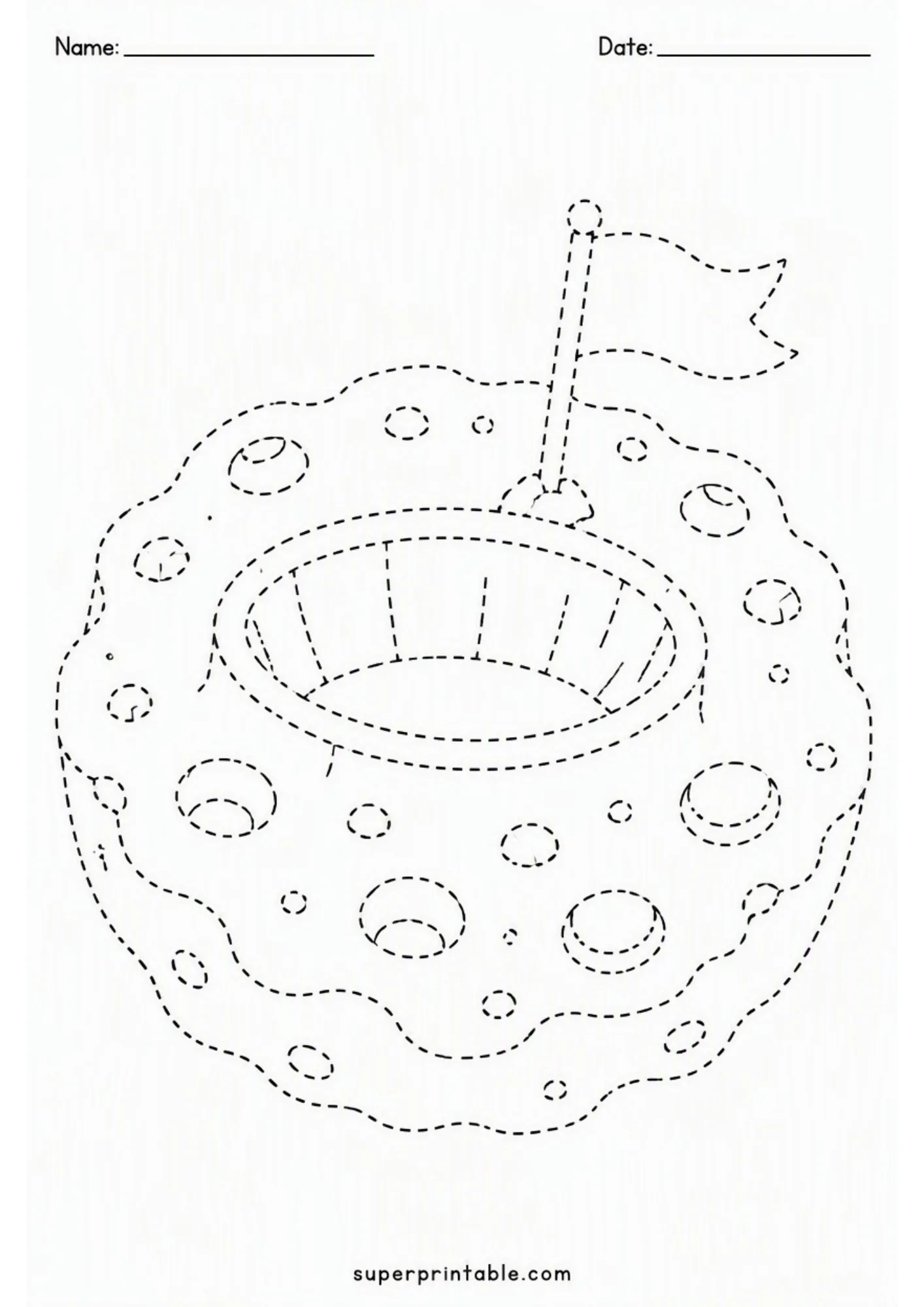Printable space aliens activity worksheet featuring a cratered alien moon surface with a waving flag.