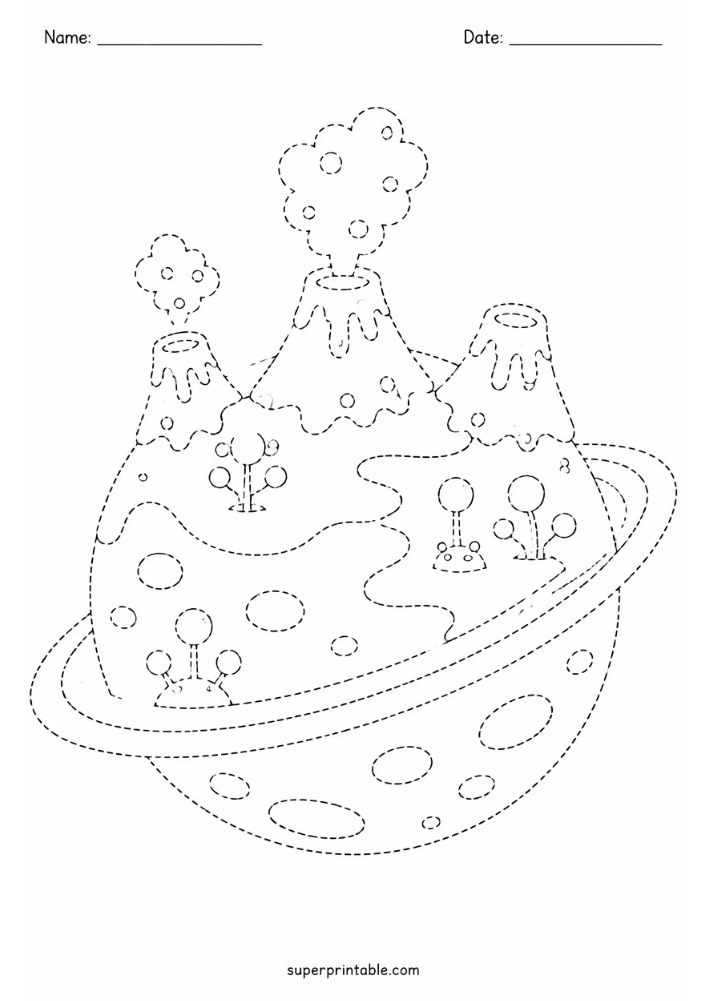 Pre-writing tracing page featuring an alien planet landscape with smoking volcanoes and planetary rings.