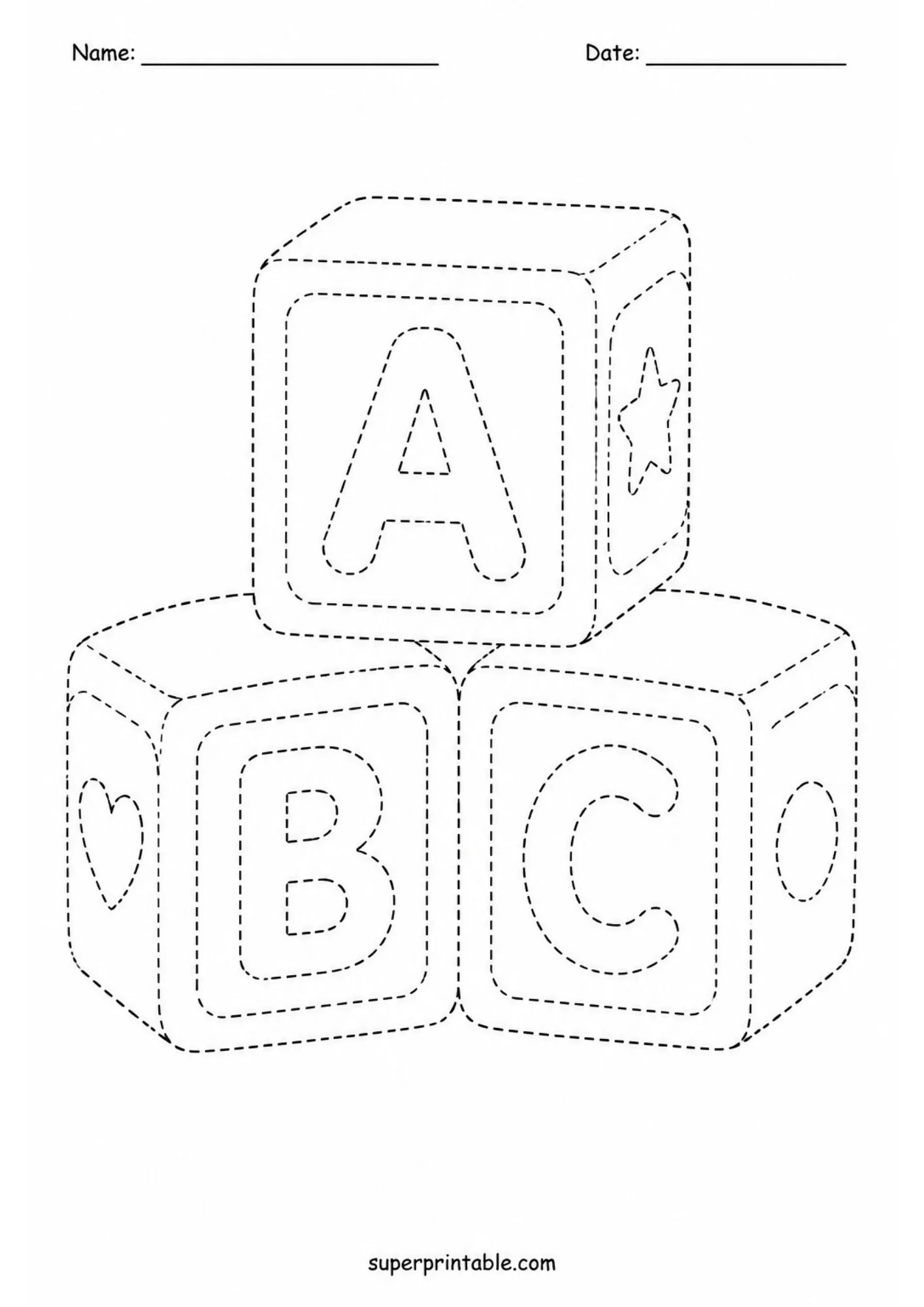 Alphabet block tracing page with stacked A, B, and C toy cubes plus simple shapes