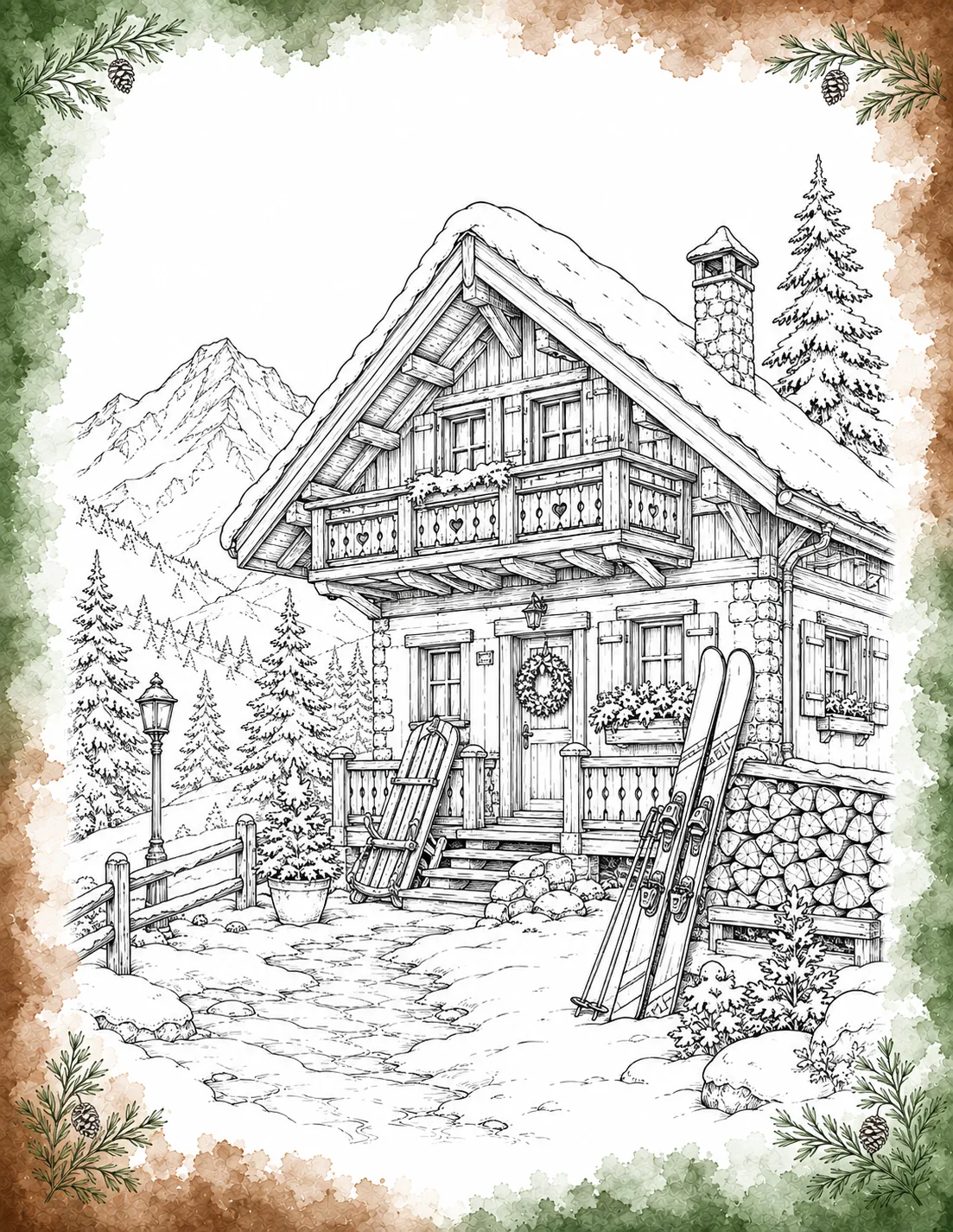 Alpine mountain chalet coloring page featuring a snow-dusted wooden chalet with skis and sled propped outside, stacked logs, and mountain peaks inside a green border.