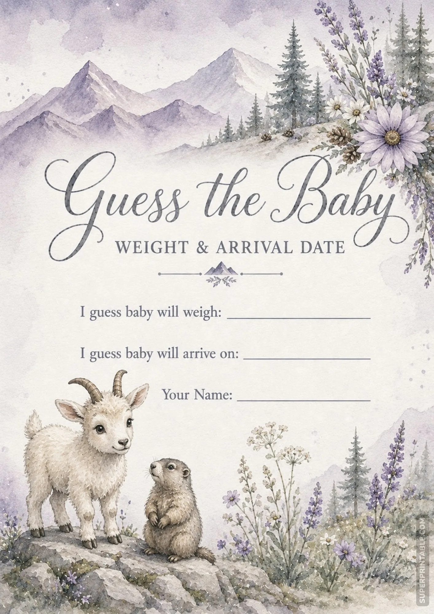 Alpine mountain themed baby prediction card featuring a young goat and marmot amidst wildflowers.