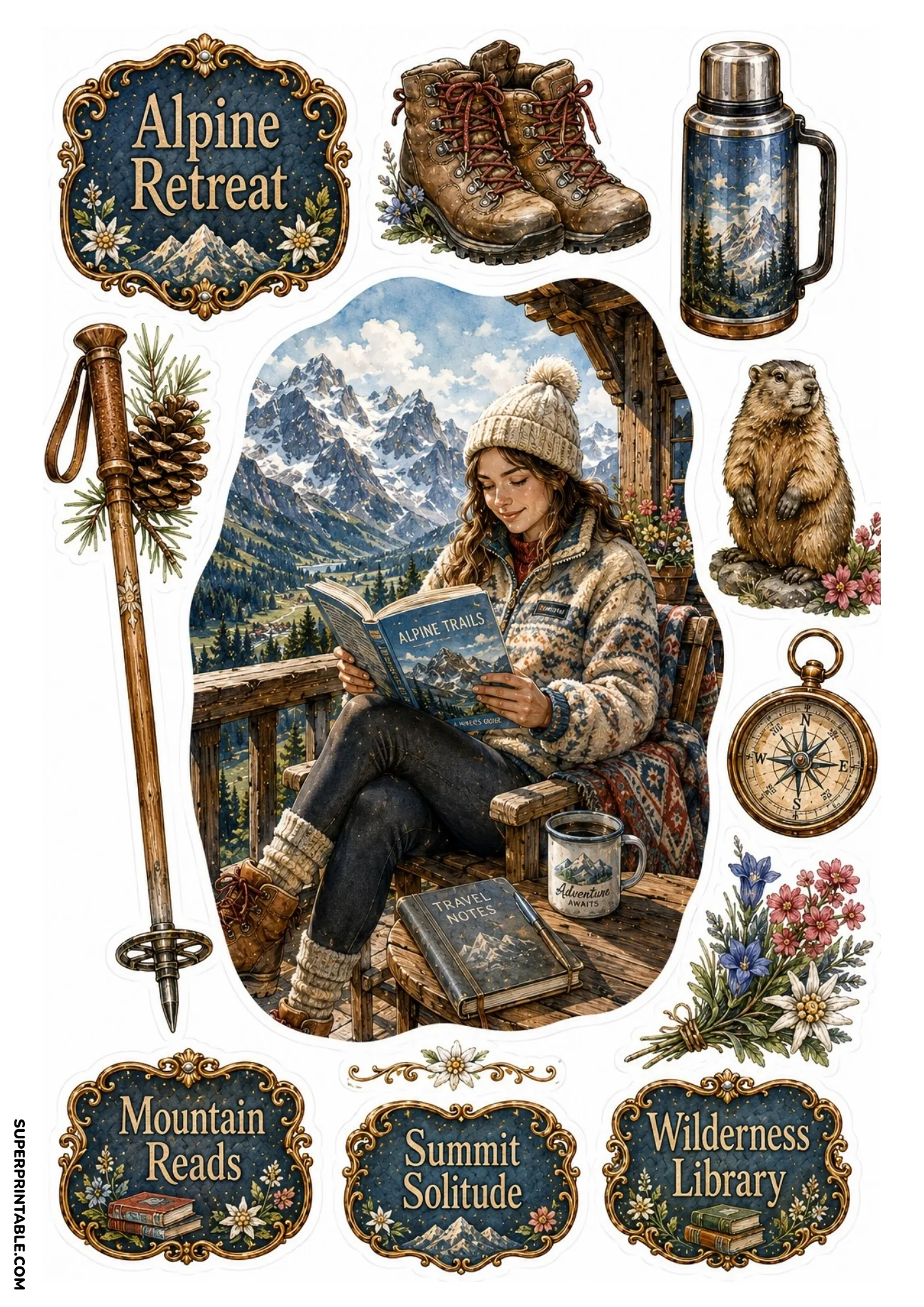 Alpine reading scene with mountain peaks, cozy leather boots, thermoses, and ornate vintage literature sticker sheets.