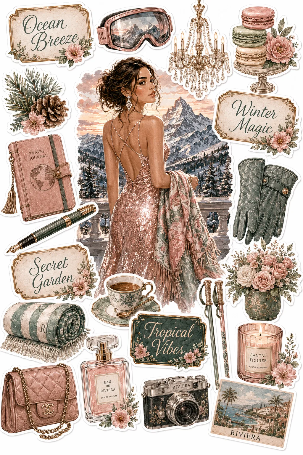 Woman in a sequin evening gown on a snowy mountain balcony with ski goggles and macaron stickers.