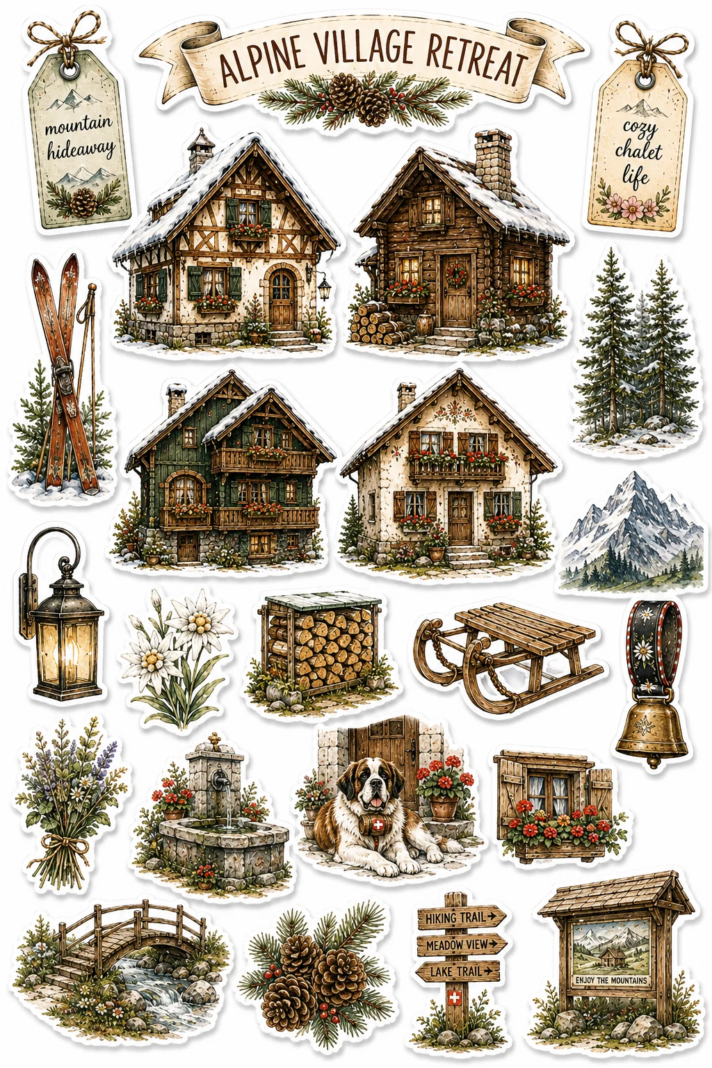 Alpine Village Retreat Log Cabins Skis Sheet featuring cottagecore architecture, cozy village houses, seasonal cabins, and countryside farms.