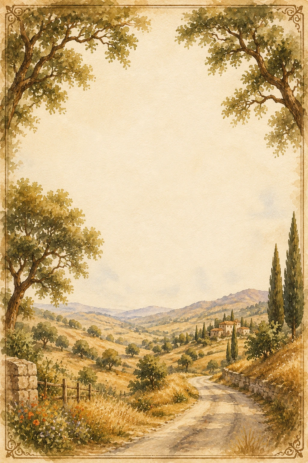 Winding Italian Countryside Road Through Rolling Tuscan Hills Page Border Sheet Winding Italian Countryside Road Through Rolling Tuscan Hills Page Border Sheet