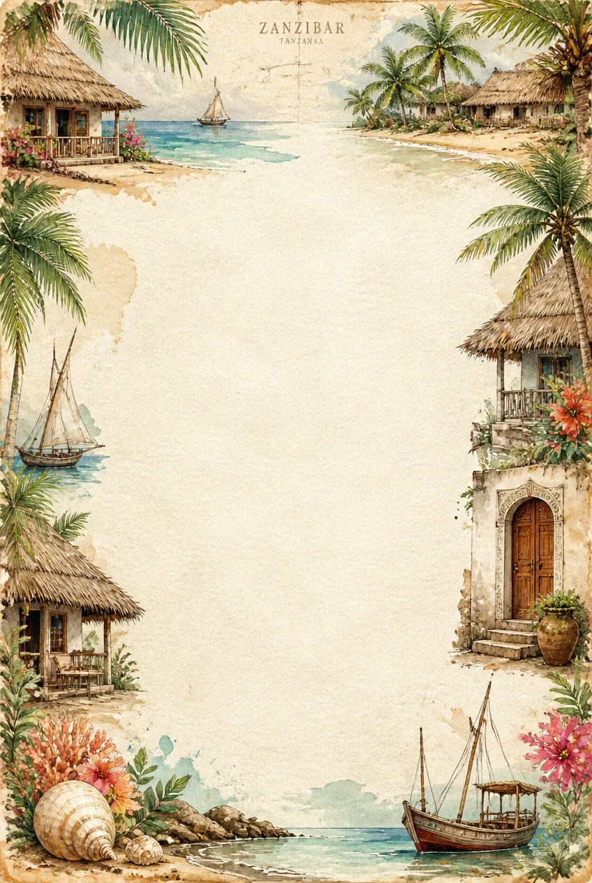 Washed watercolor border of Italian cliffside village homes surrounding a central cream note area.