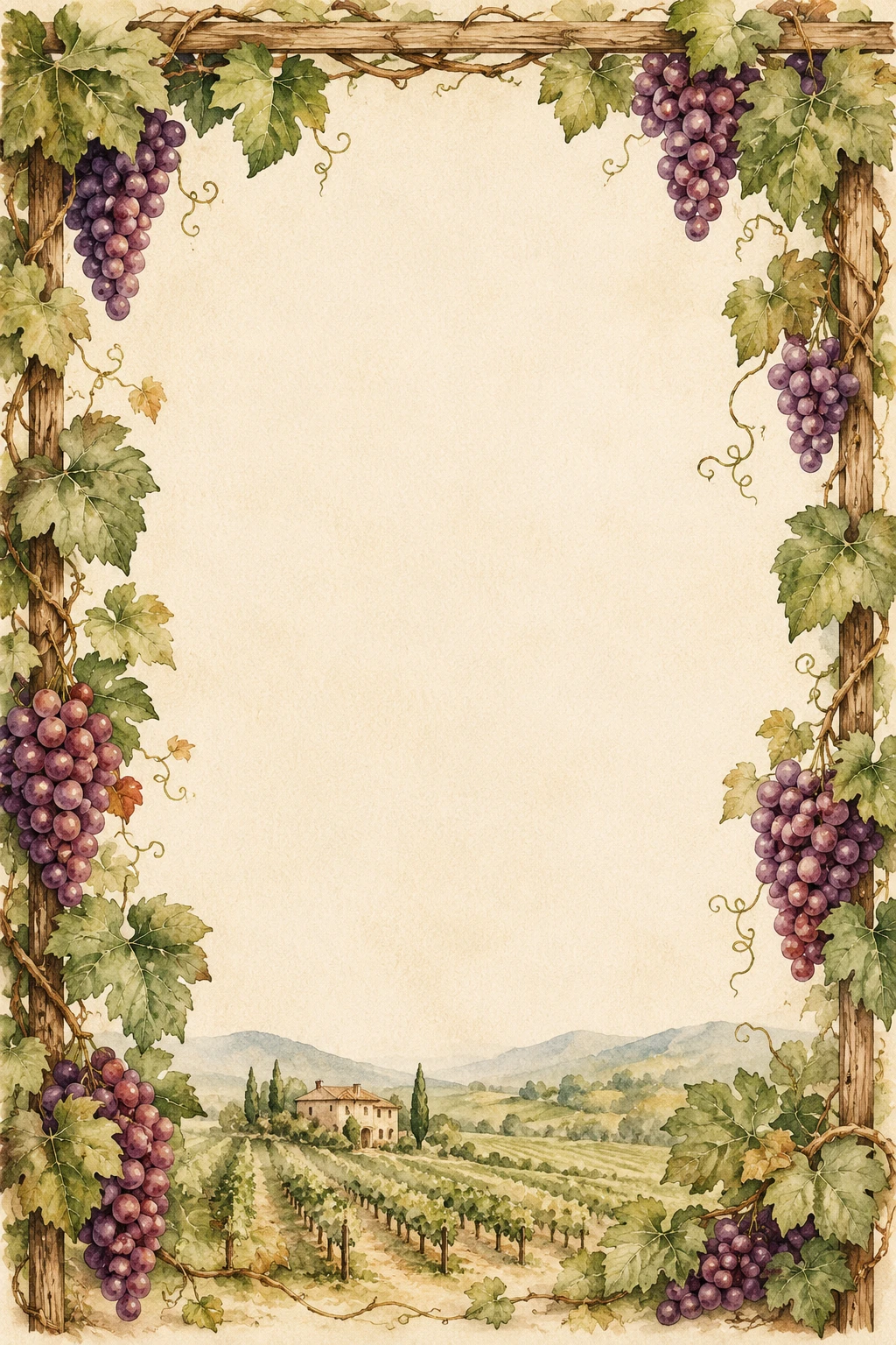 Purple Grape Vines Framing An Italian Vineyard Landscape Page Border Sheet Purple Grape Vines Framing An Italian Vineyard Landscape Page Border Sheet