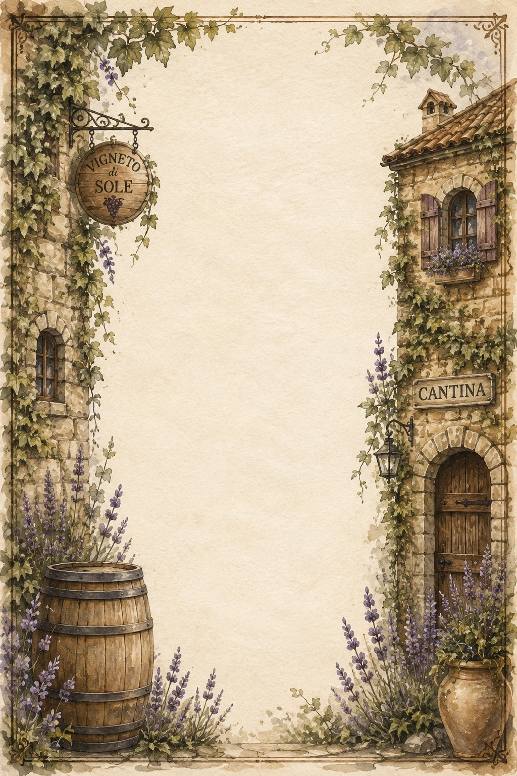 Rustic Italian Winery Entrance With Grape Vines And Lavender Page Border Sheet Rustic Italian Winery Entrance With Grape Vines And Lavender Page Border Sheet