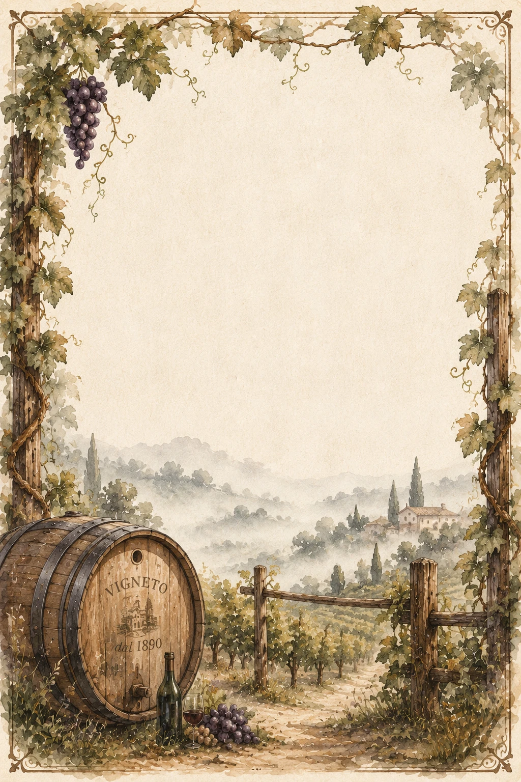 Italian Vineyard Barrel And Grape Harvest Countryside Page Border Sheet Italian Vineyard Barrel And Grape Harvest Countryside Page Border Sheet