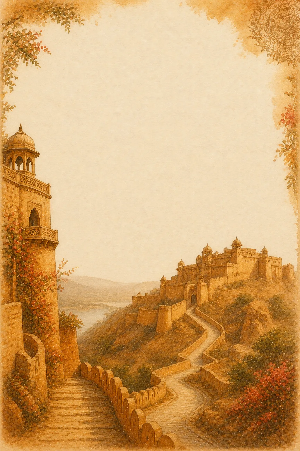Golden hilltop palace and winding fort wall framed with soft watercolor washed borders.