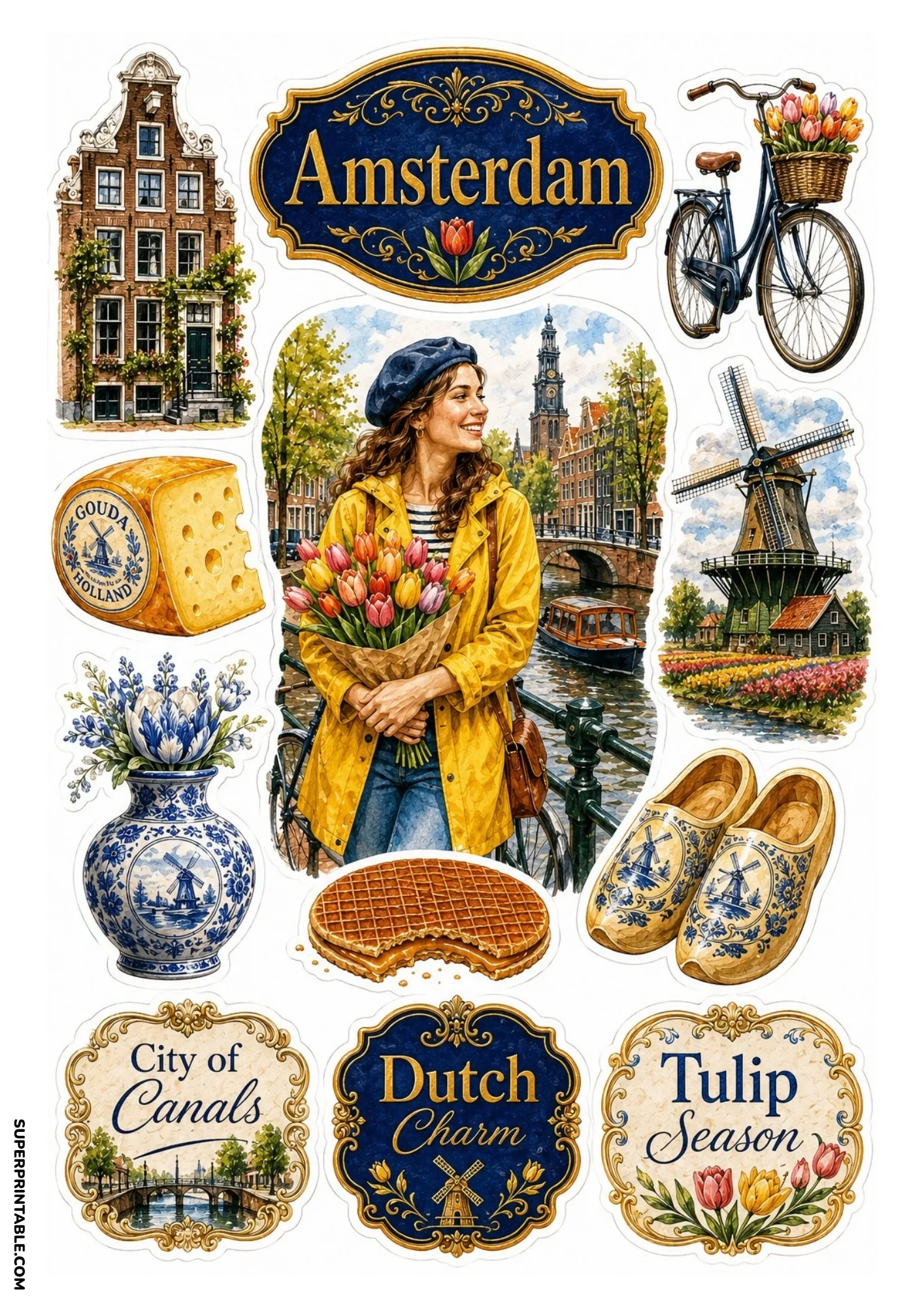 Vintage Amsterdam sticker sheet with canals, tulips, and traditional Dutch stroopwafels