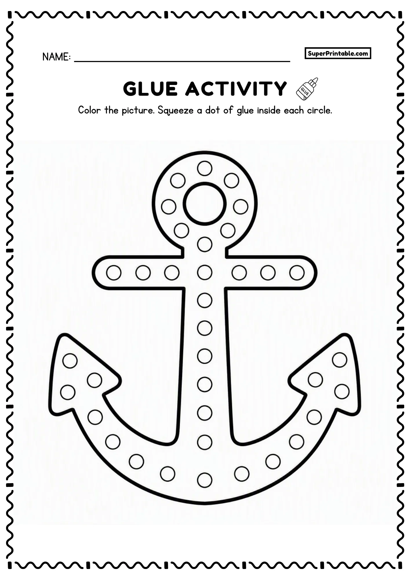 Ship anchor printable glue worksheet with round ring and crossbar and dot circles for preschoolers